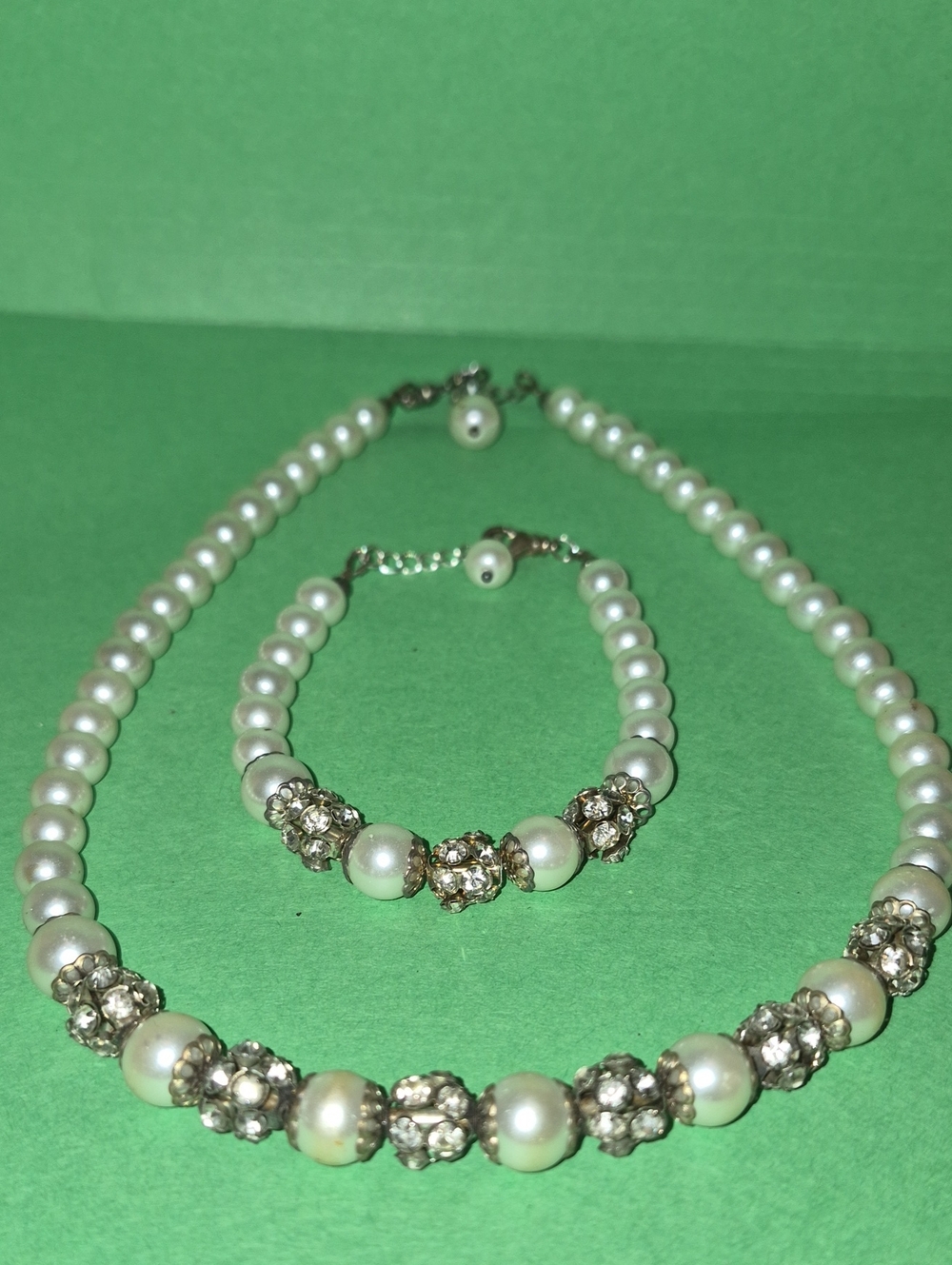 Pearl and Crystal Accent Necklace and Bracelet Set - White